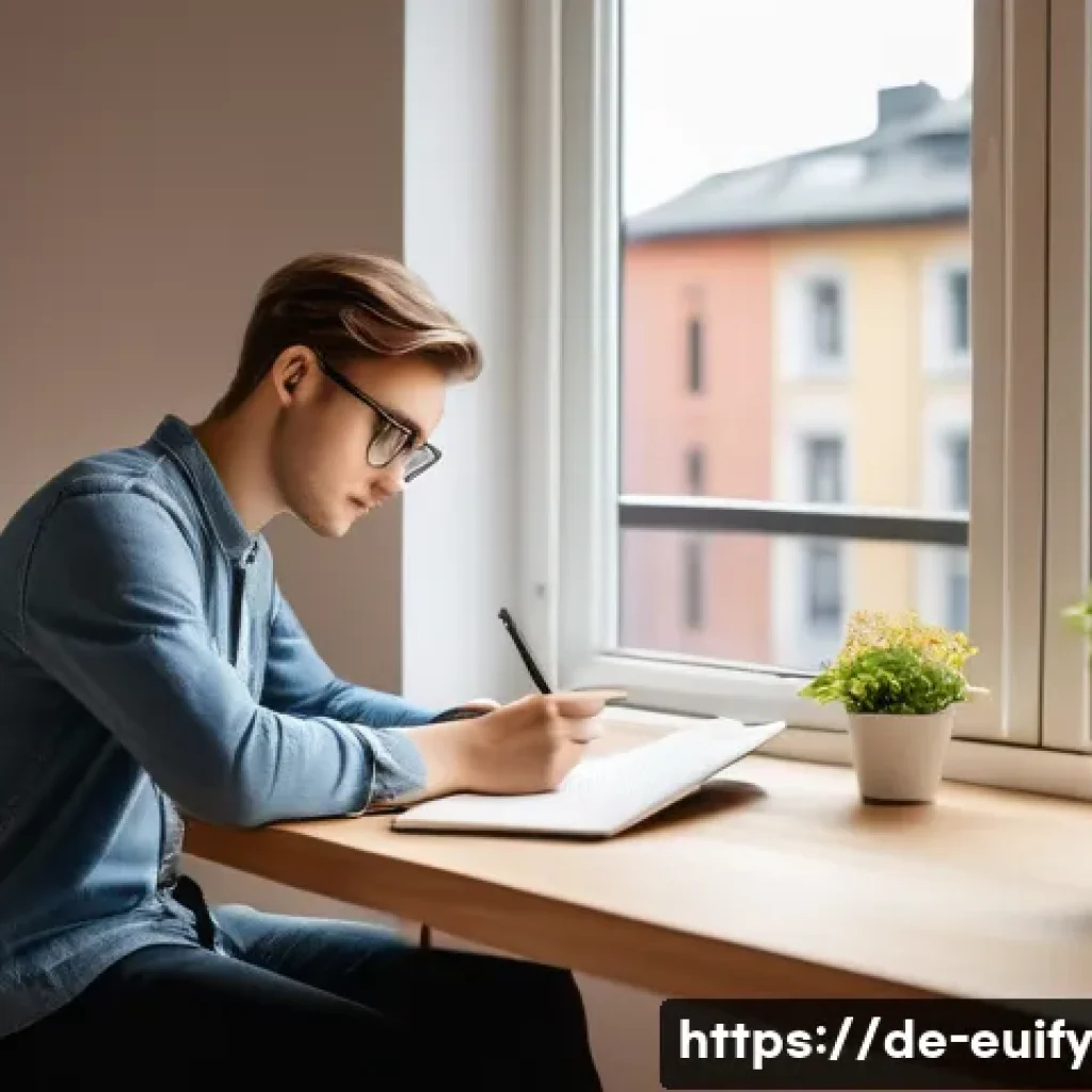 시간 관리 앱으로 학습 일정 관리하기 - A modern German university student sitting at a sleek desk in a bright, minimalist apartment, surrou...