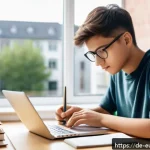Home 18 주요 과목에 대한 최적 학습 시간 배정 - A modern, cozy study room bathed in natural morning light with a young adult student sitting at a wo...