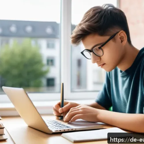 Home 30 주요 과목에 대한 최적 학습 시간 배정 - A modern, cozy study room bathed in natural morning light with a young adult student sitting at a wo...