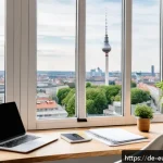 Home 23 시간 관리 원칙을 기반으로 한 일정 설계 - A modern home office scene in a bright, cozy apartment in Berlin, featuring a young professional wom...